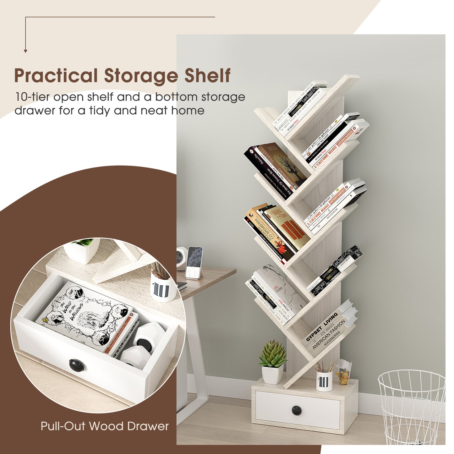 10-Tier Tree Bookshelf with Drawer and Anti-Tipping Kit-Beige Kids Crystal