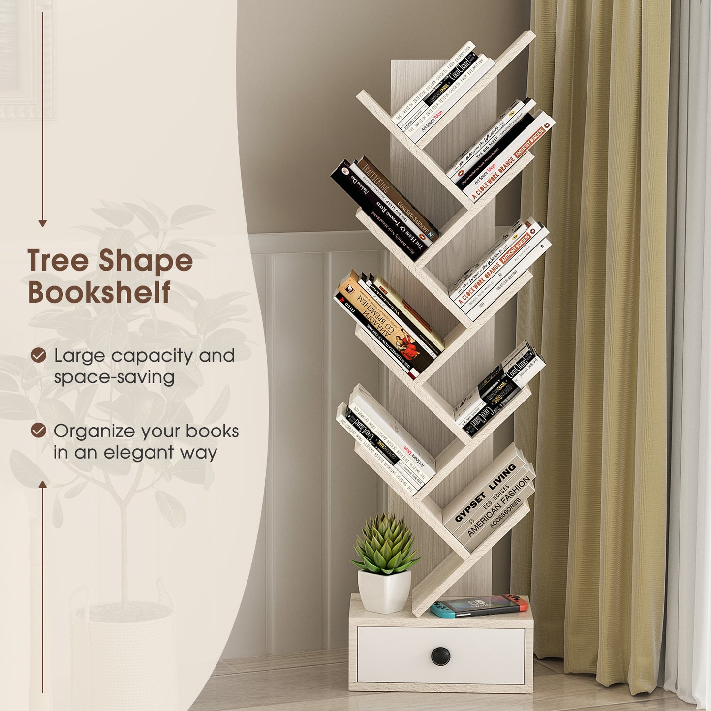 10-Tier Tree Bookshelf with Drawer and Anti-Tipping Kit-Beige Kids Crystal