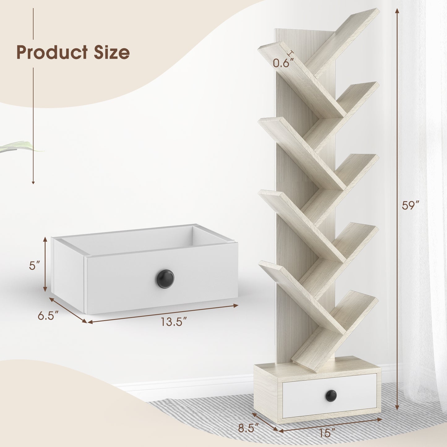 10-Tier Tree Bookshelf with Drawer and Anti-Tipping Kit-Beige Kids Crystal