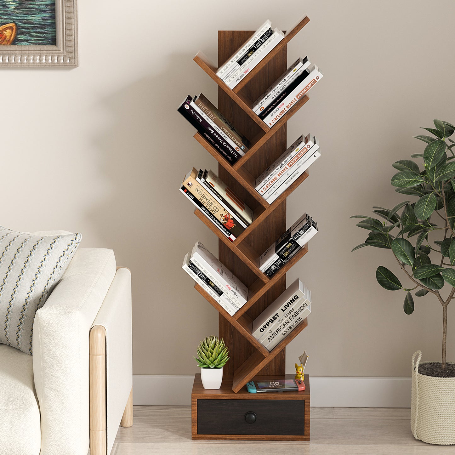10-Tier Tree Bookshelf with Drawer and Anti-Tipping Kit-Brown Kids Crystal