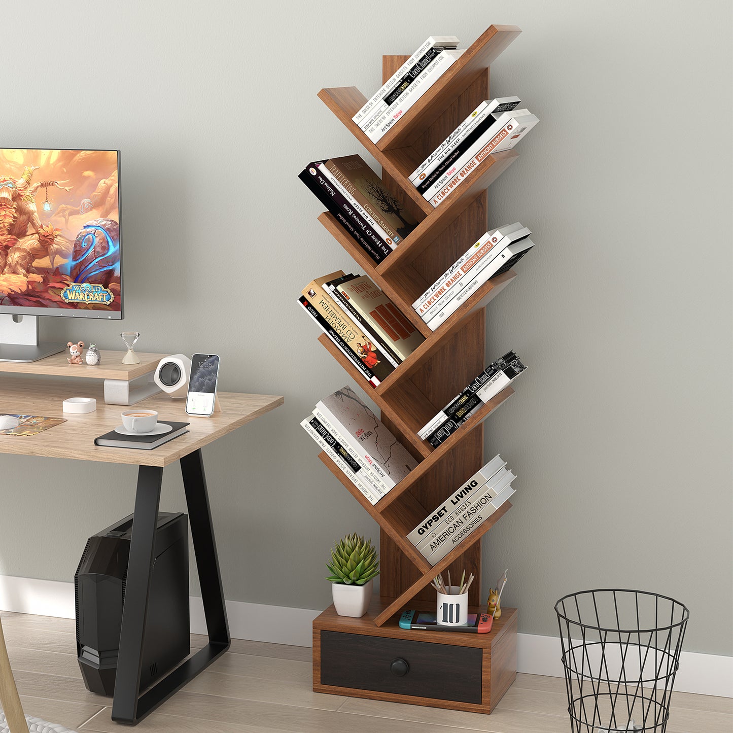 10-Tier Tree Bookshelf with Drawer and Anti-Tipping Kit-Brown Kids Crystal