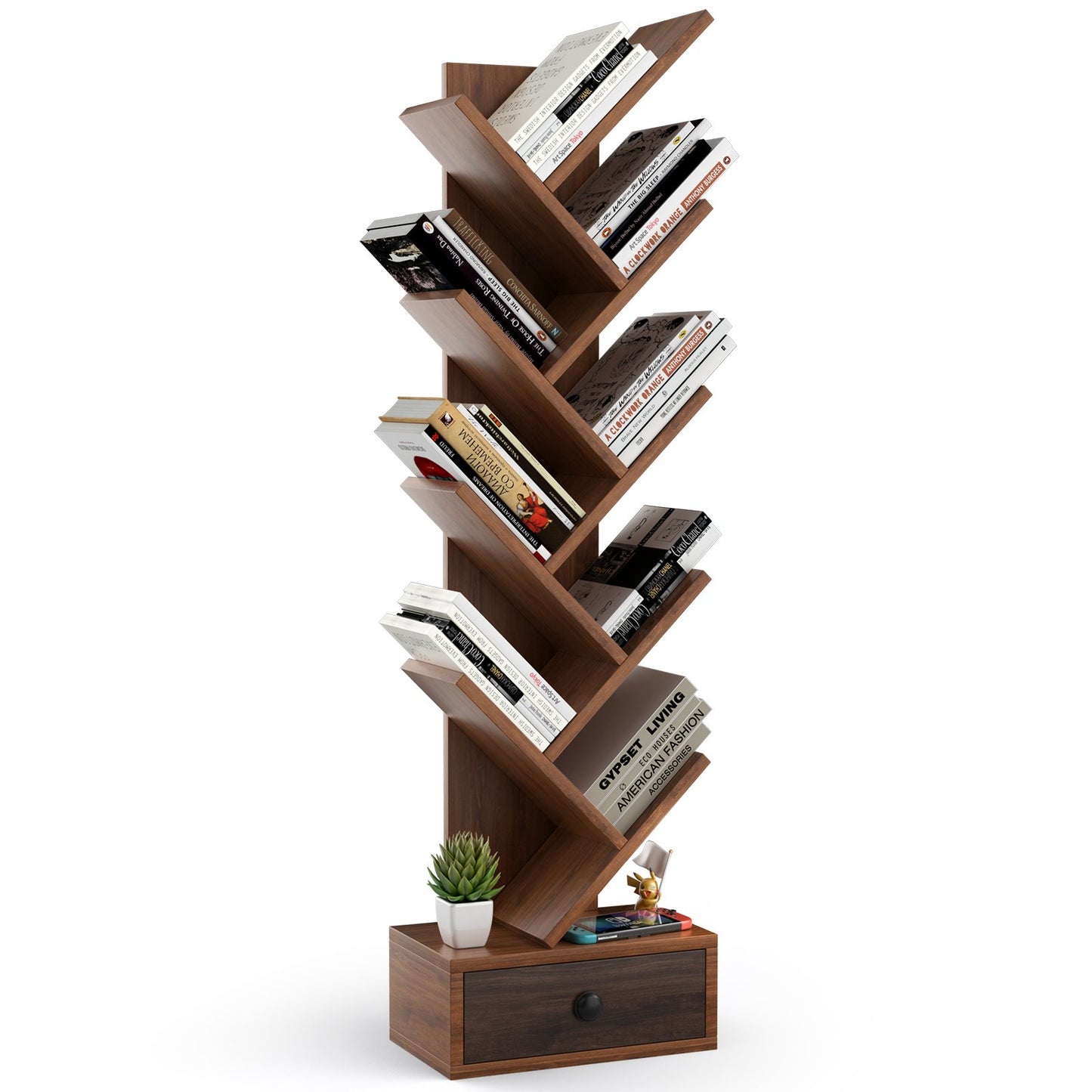 10-Tier Tree Bookshelf with Drawer and Anti-Tipping Kit-Brown Kids Crystal