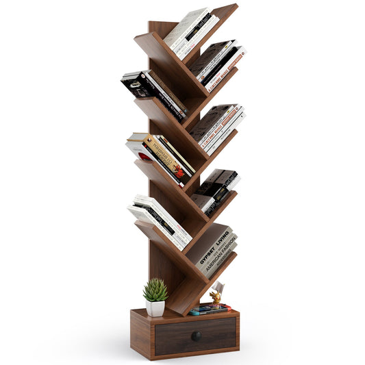 10-Tier Tree Bookshelf with Drawer and Anti-Tipping Kit-Brown Kids Crystal