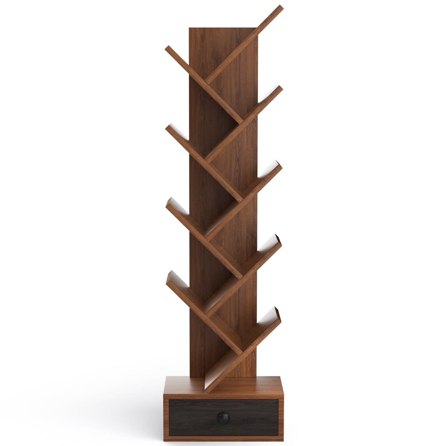 10-Tier Tree Bookshelf with Drawer and Anti-Tipping Kit-Brown Kids Crystal