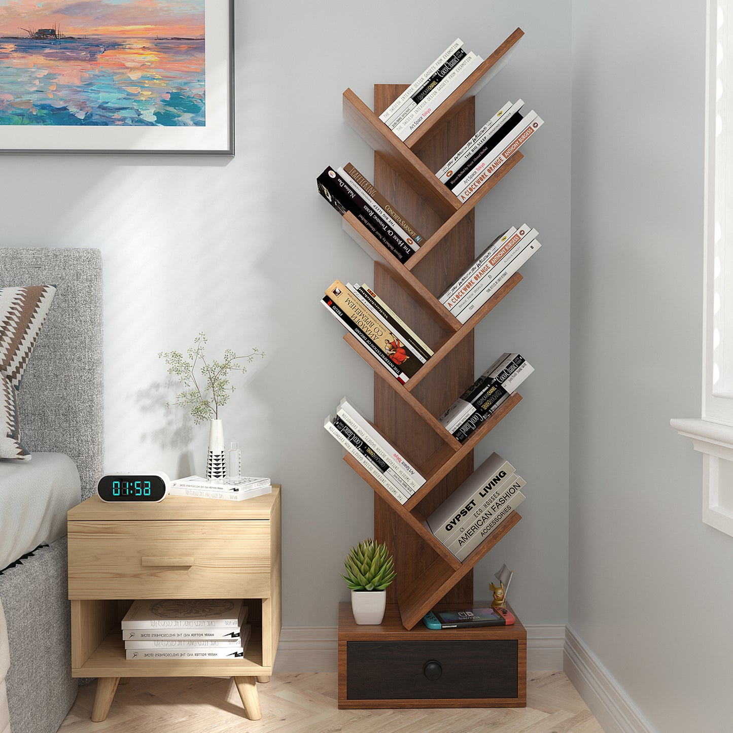 10-Tier Tree Bookshelf with Drawer and Anti-Tipping Kit-Brown Kids Crystal
