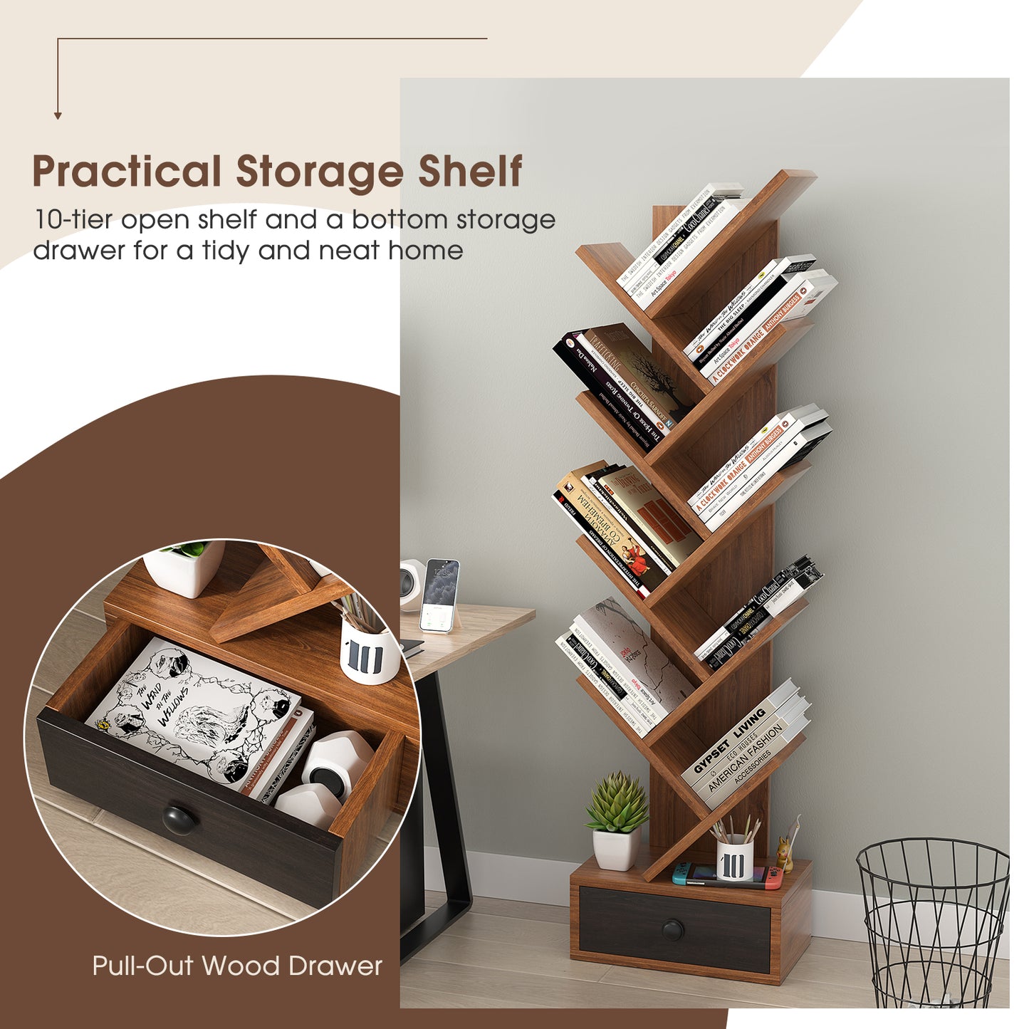 10-Tier Tree Bookshelf with Drawer and Anti-Tipping Kit-Brown Kids Crystal