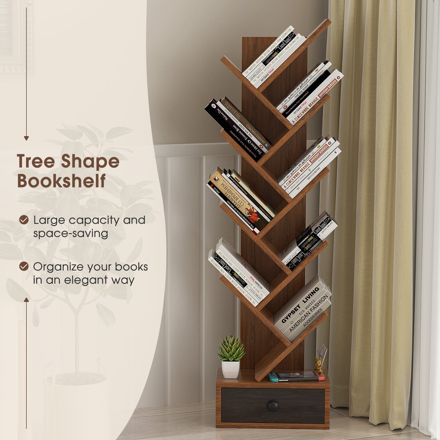 10-Tier Tree Bookshelf with Drawer and Anti-Tipping Kit-Brown Kids Crystal