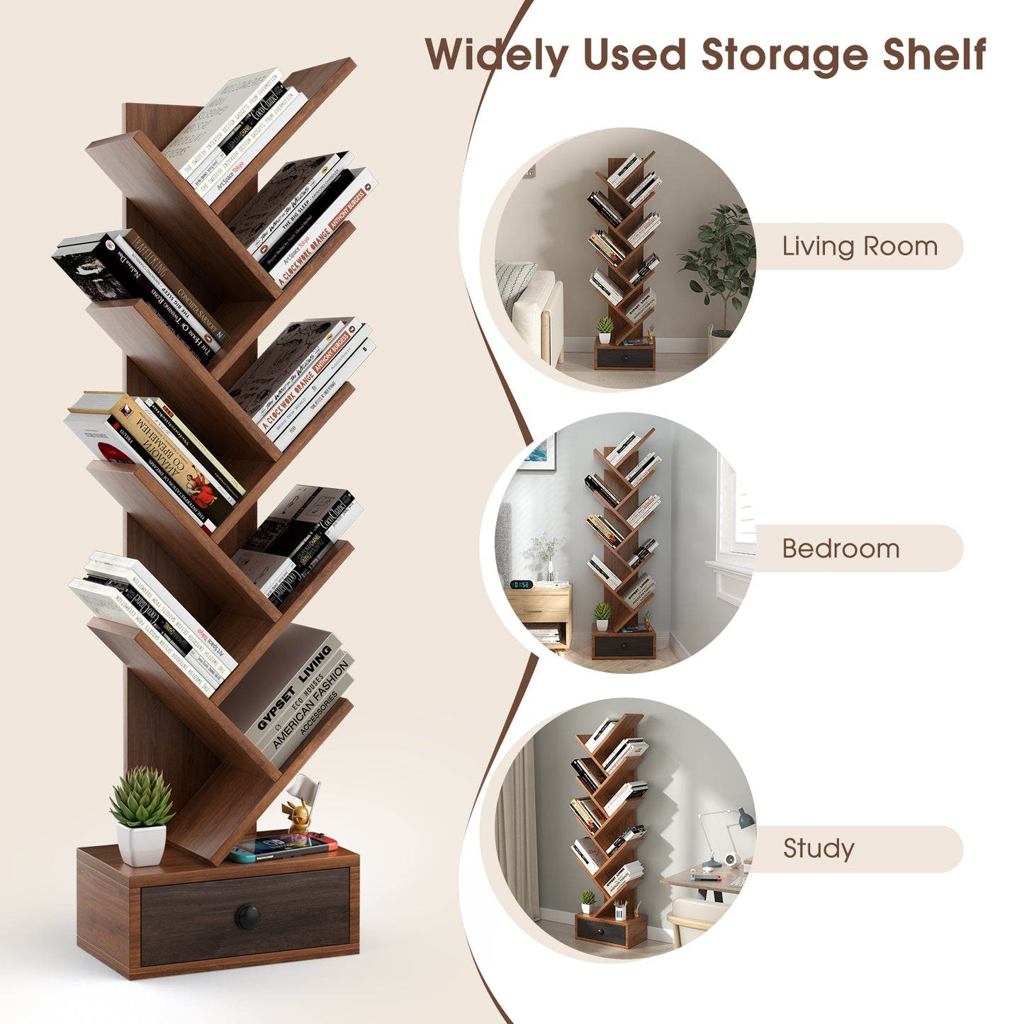 10-Tier Tree Bookshelf with Drawer and Anti-Tipping Kit-Brown Kids Crystal