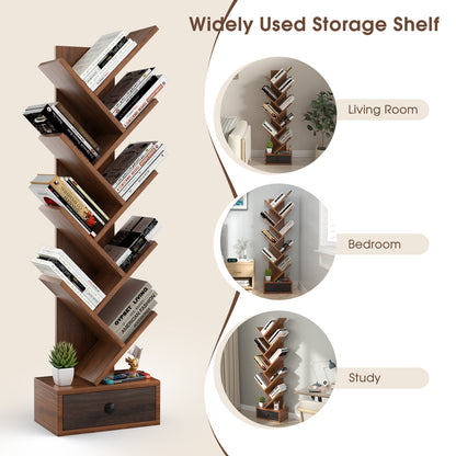 10-Tier Tree Bookshelf with Drawer and Anti-Tipping Kit-Brown
