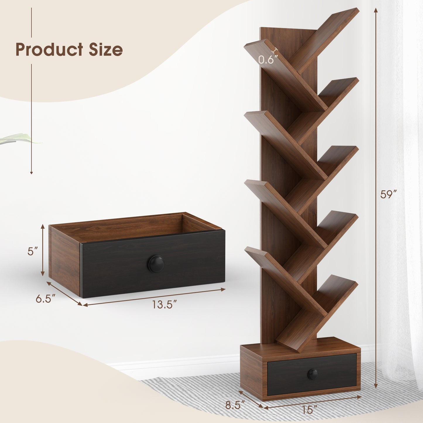 10-Tier Tree Bookshelf with Drawer and Anti-Tipping Kit-Brown Kids Crystal