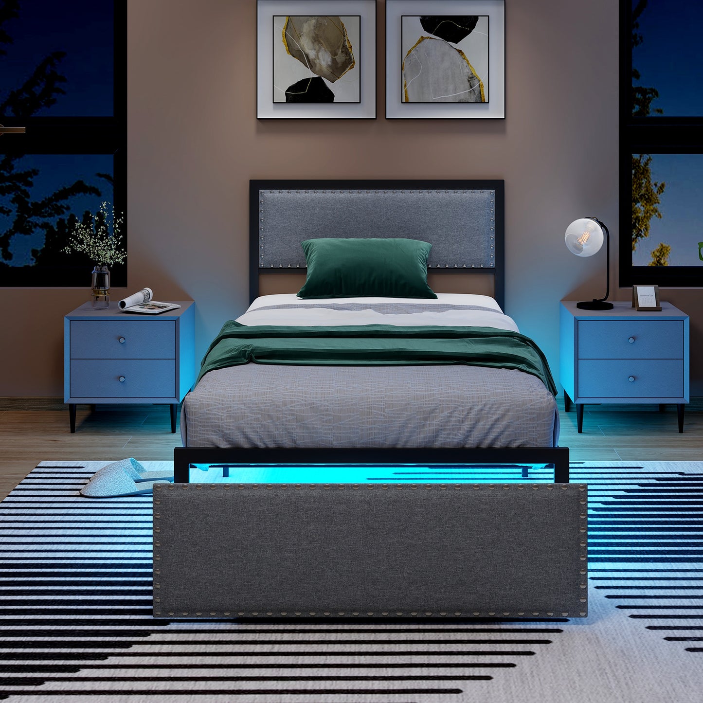 Full/Queen/Twin Size Bed Frame with LED Lights Drawer and Metal Slats-Twin Size Kids Crystal