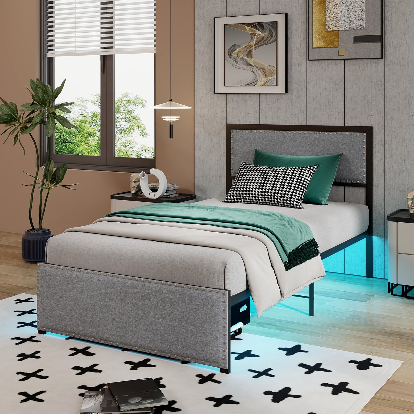 Full/Queen/Twin Size Bed Frame with LED Lights Drawer and Metal Slats-Twin Size Kids Crystal