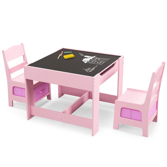 Kids Table Chairs Set With Storage Boxes Blackboard Whiteboard Drawing-Pink Kids Crystal