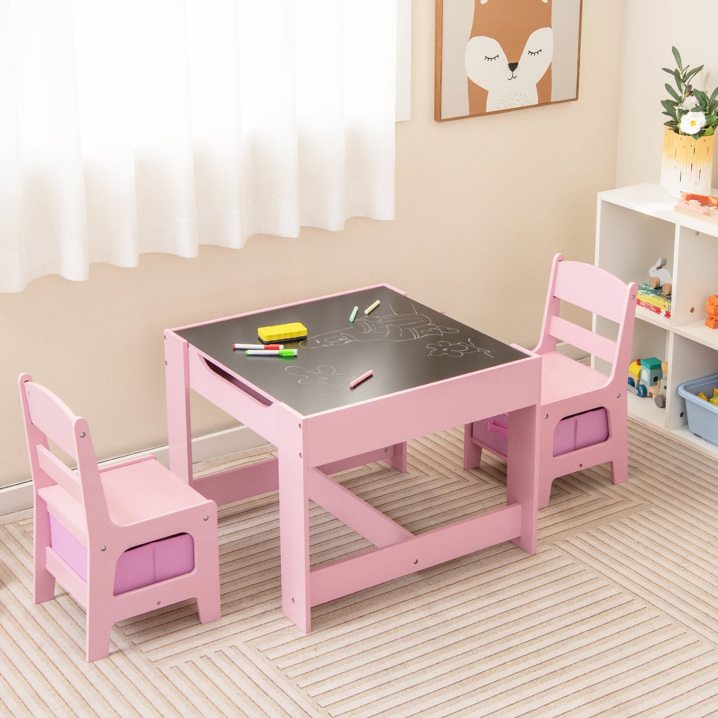 Kids Table Chairs Set With Storage Boxes Blackboard Whiteboard Drawing-Pink Kids Crystal