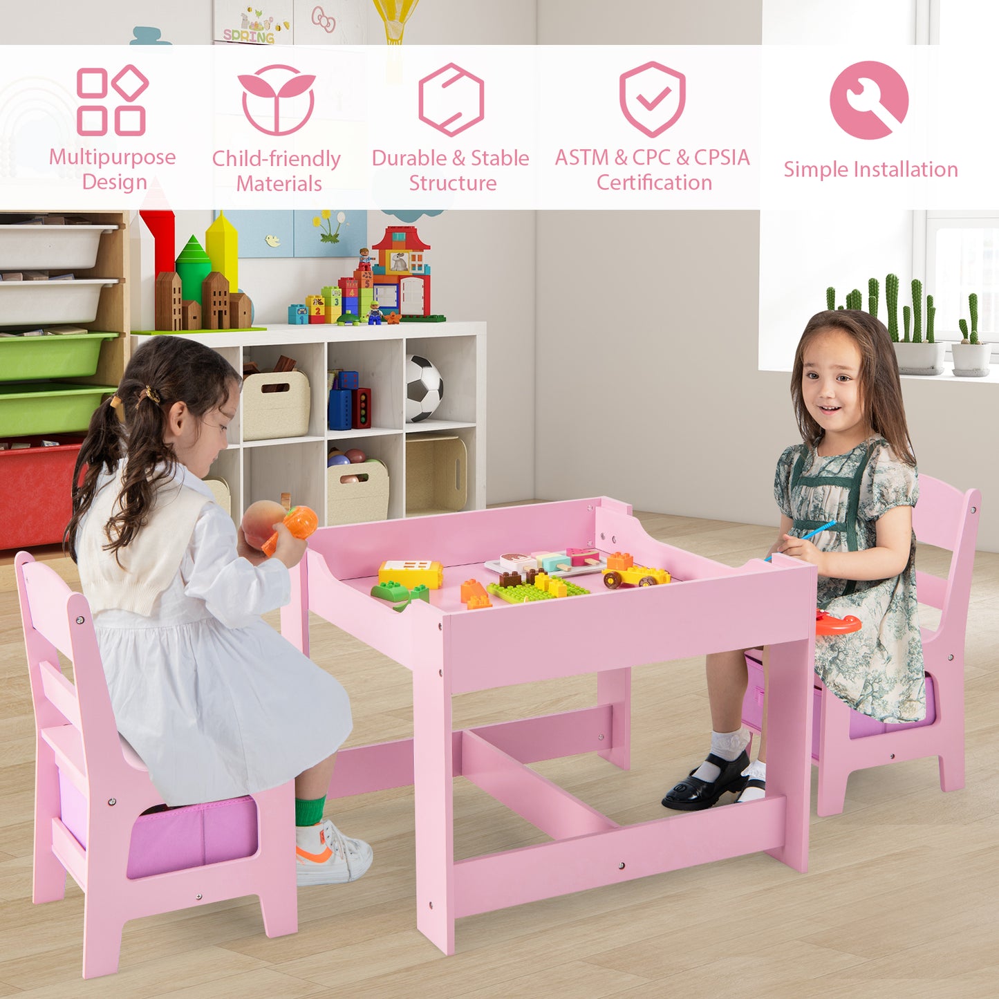 Kids Table Chairs Set With Storage Boxes Blackboard Whiteboard Drawing-Pink Kids Crystal