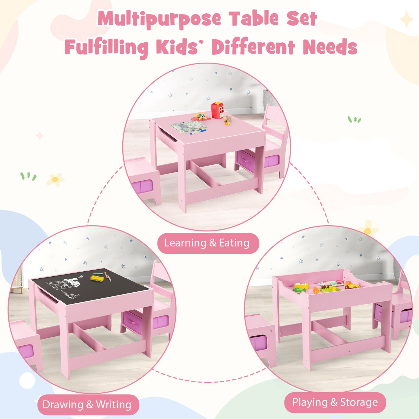 Kids Table Chairs Set With Storage Boxes Blackboard Whiteboard Drawing-Pink Kids Crystal