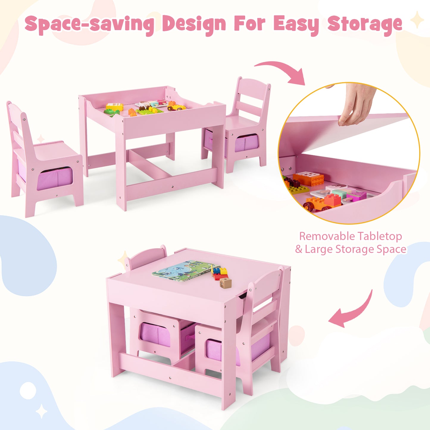 Kids Table Chairs Set With Storage Boxes Blackboard Whiteboard Drawing-Pink Kids Crystal