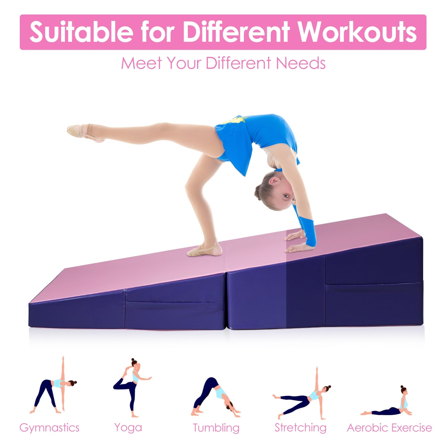 Tumbling Incline Gymnastics Exercise Folding Wedge Ramp Mat-Pink Kids Crystal