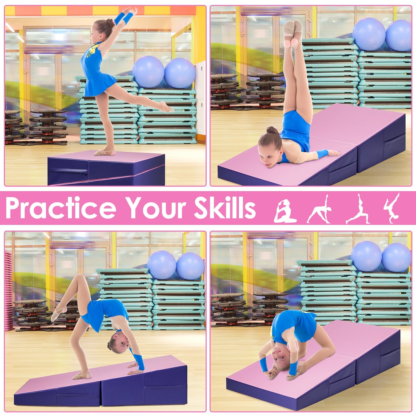 Tumbling Incline Gymnastics Exercise Folding Wedge Ramp Mat-Pink Kids Crystal