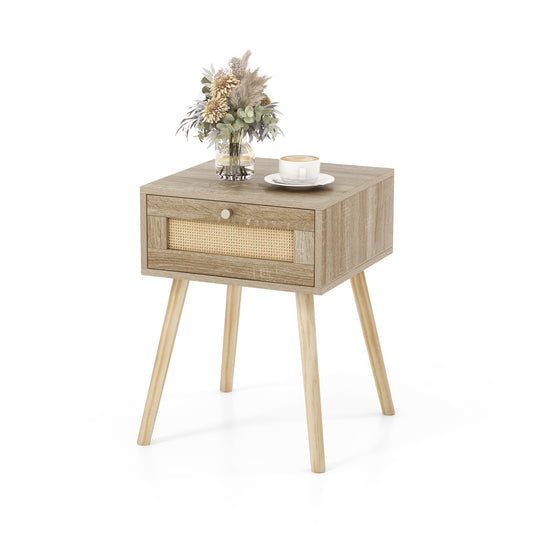 Modern Rattan Nightstand with Drawer and Solid Wood Legs for Bedroom and Living Room-Natural Kids Crystal