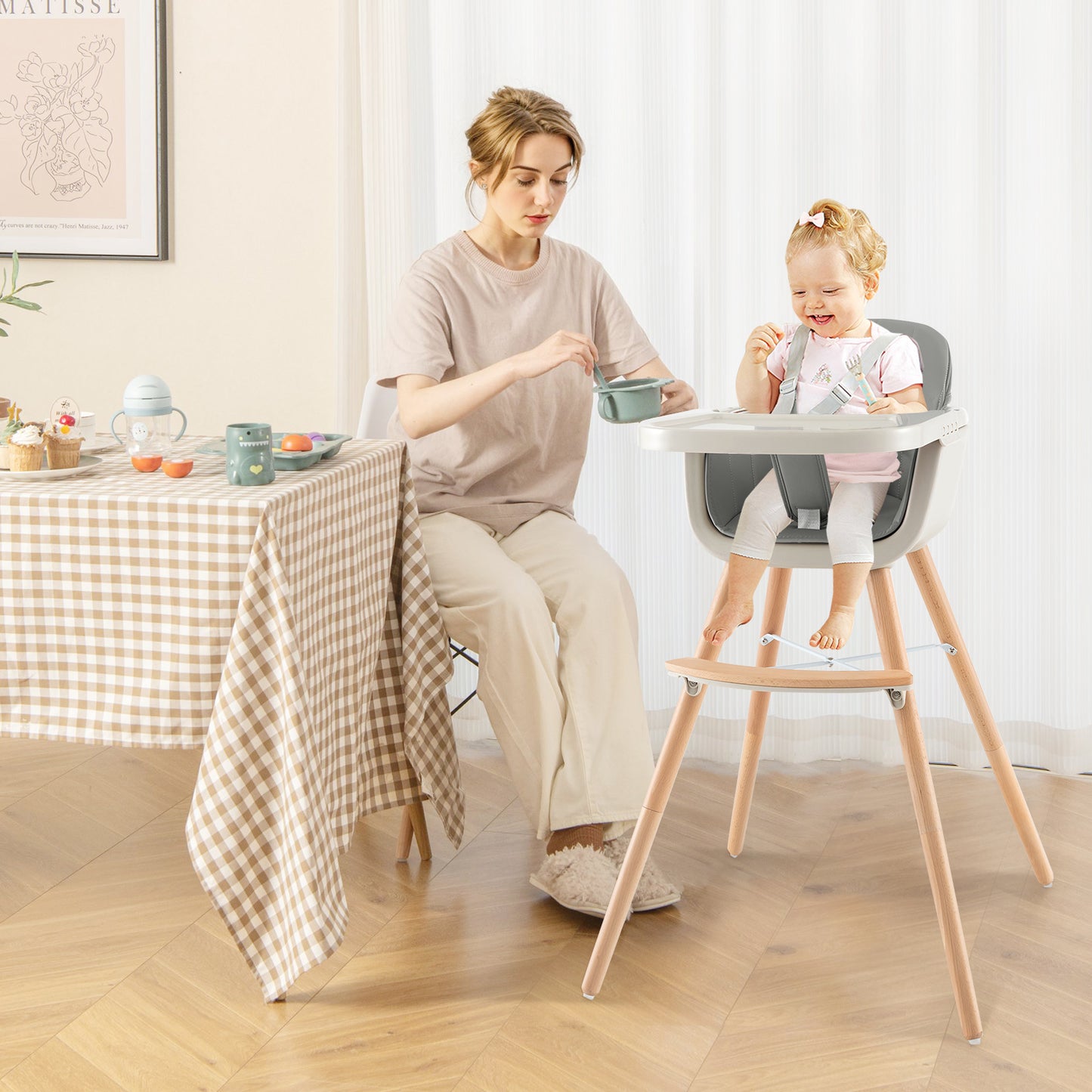 3-in-1 Convertible Wooden High Chair with Cushion-Gray Kids Crystal