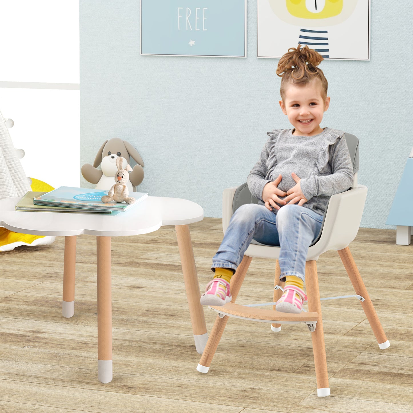 3-in-1 Convertible Wooden High Chair with Cushion-Gray Kids Crystal