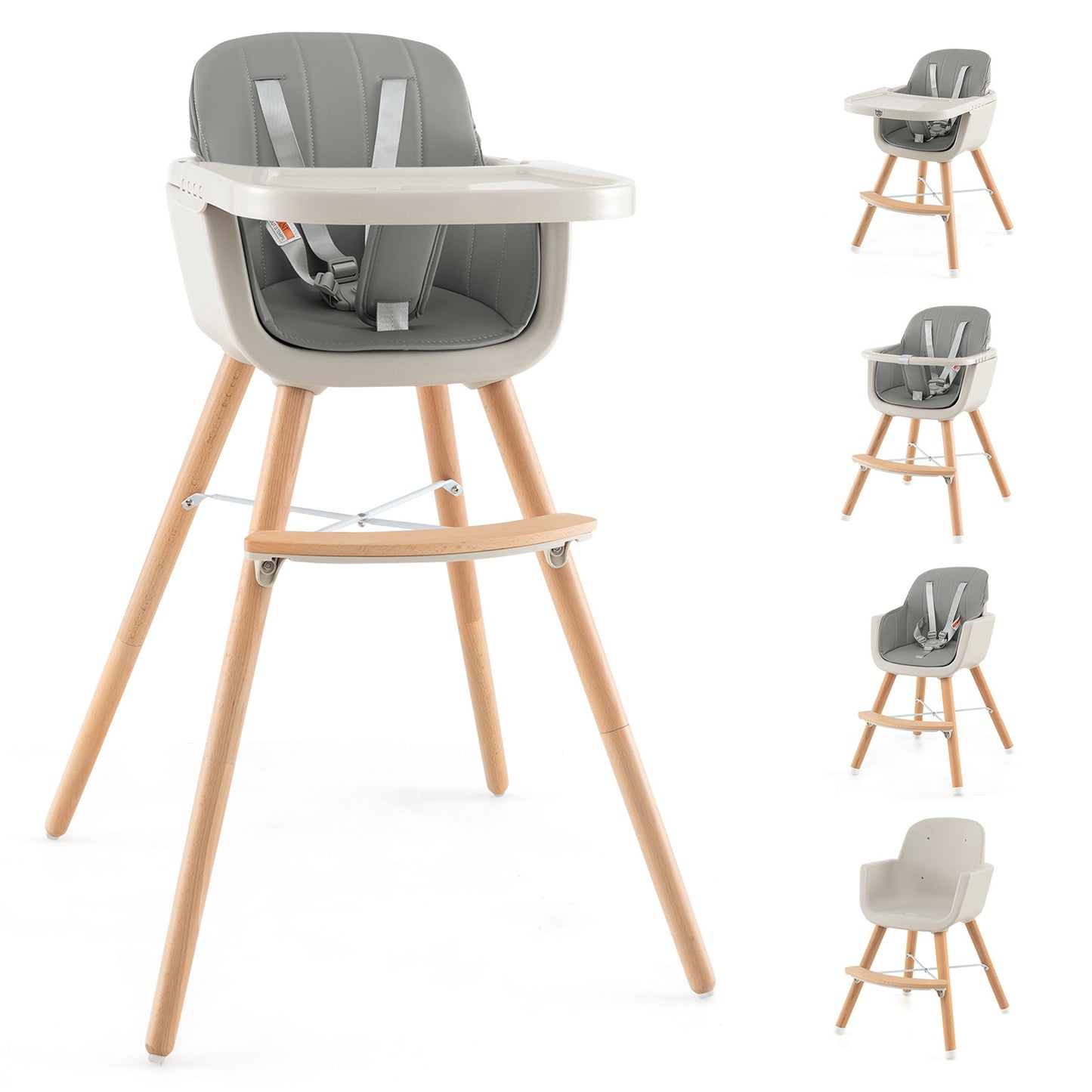 3-in-1 Convertible Wooden High Chair with Cushion-Gray Kids Crystal