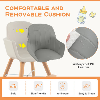 3-in-1 Convertible Wooden High Chair with Cushion-Gray