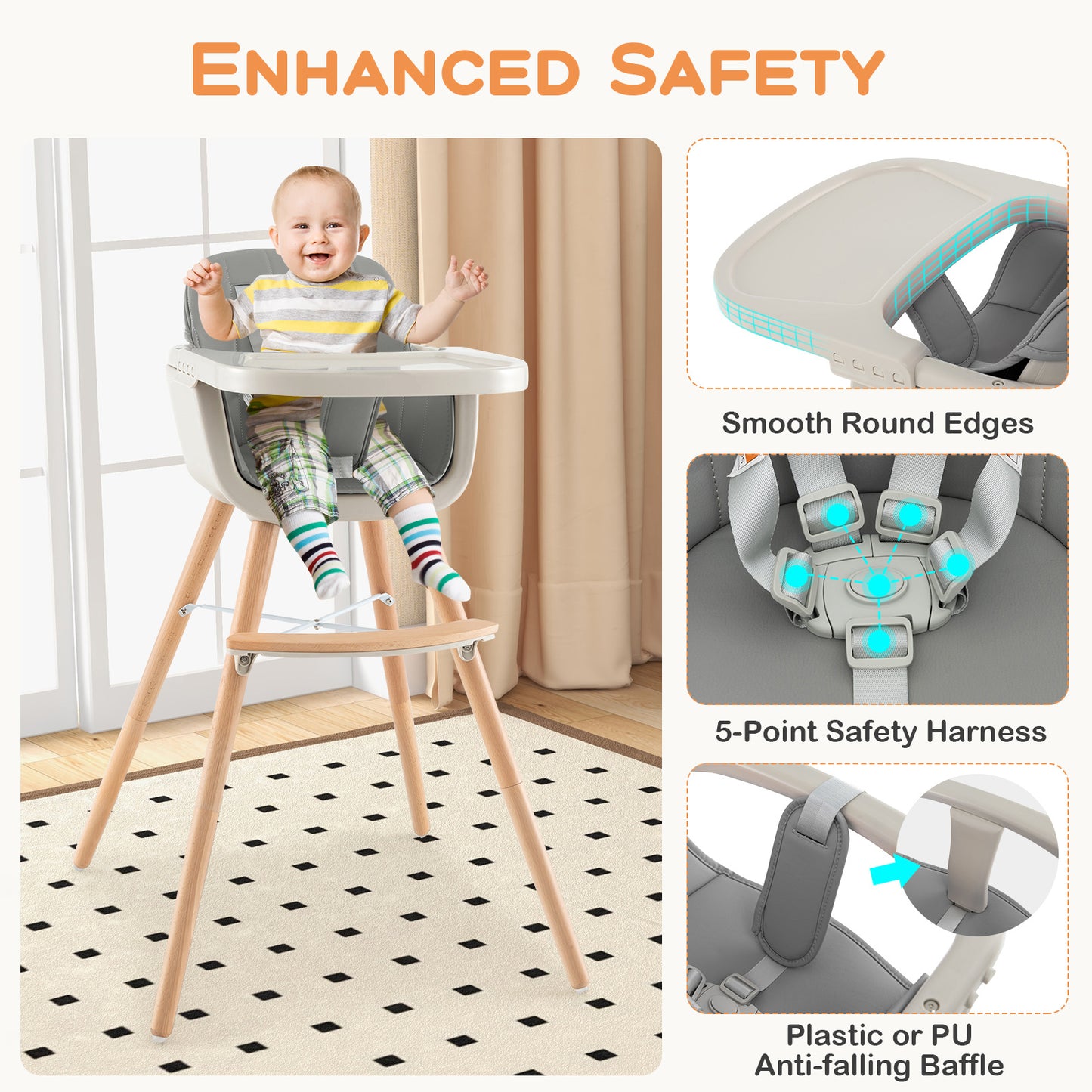 3-in-1 Convertible Wooden High Chair with Cushion-Gray Kids Crystal