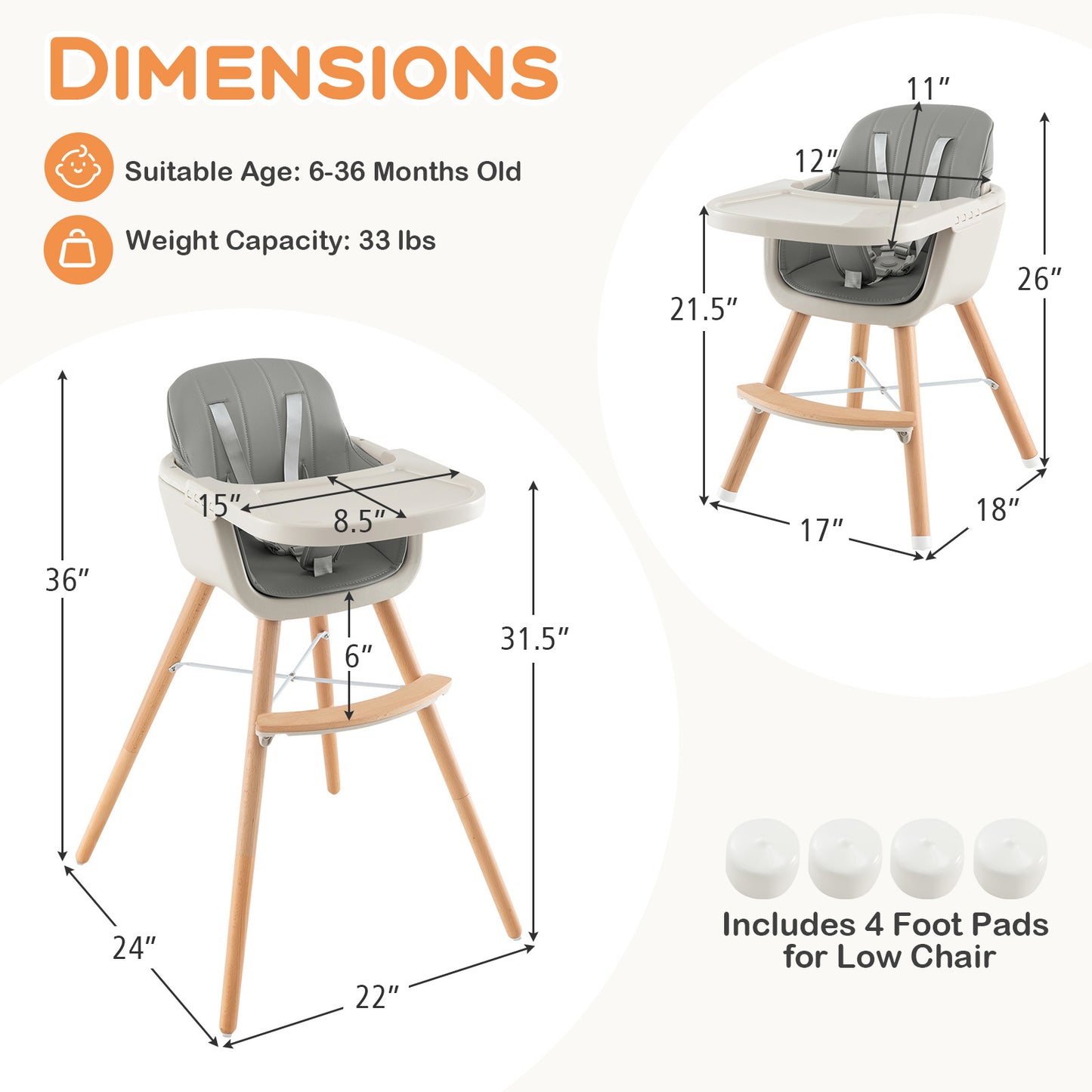 3-in-1 Convertible Wooden High Chair with Cushion-Gray Kids Crystal