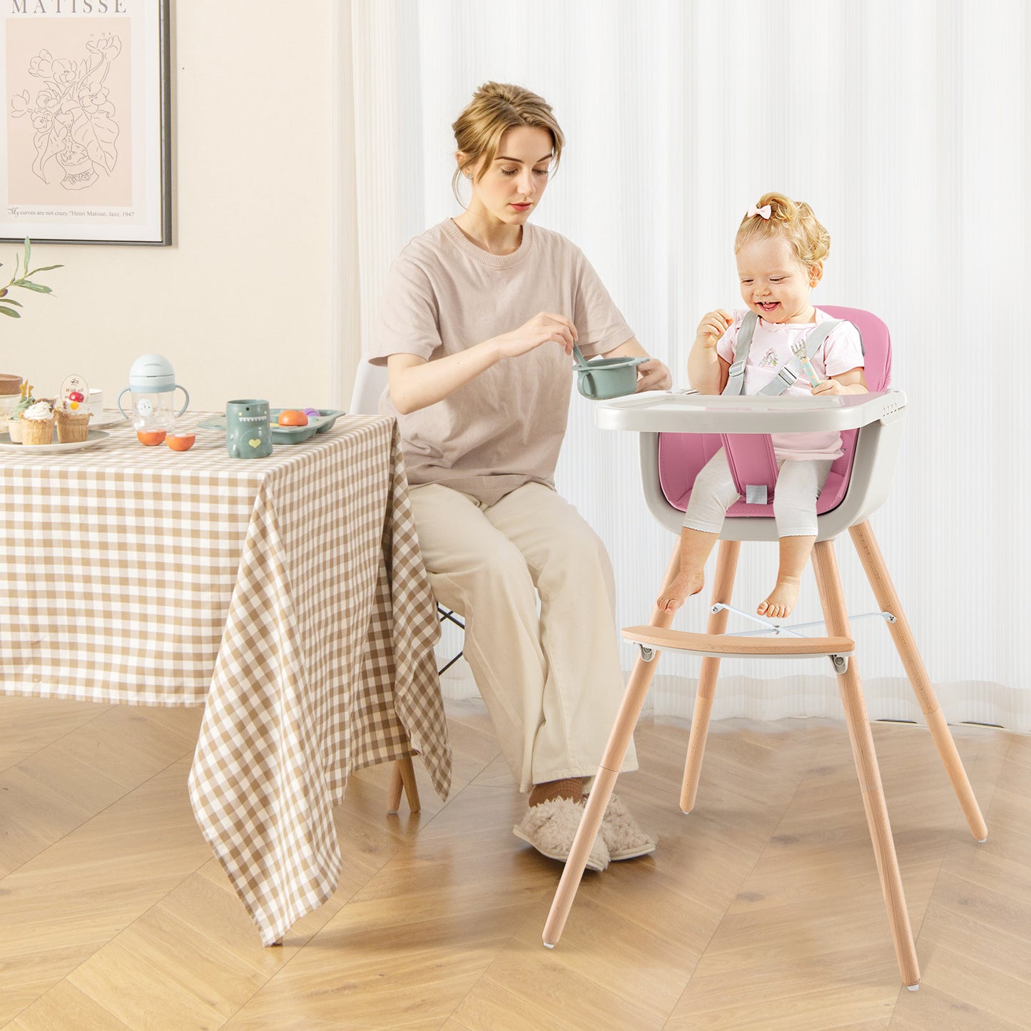 3-in-1 Convertible Wooden High Chair with Cushion-Pink Kids Crystal