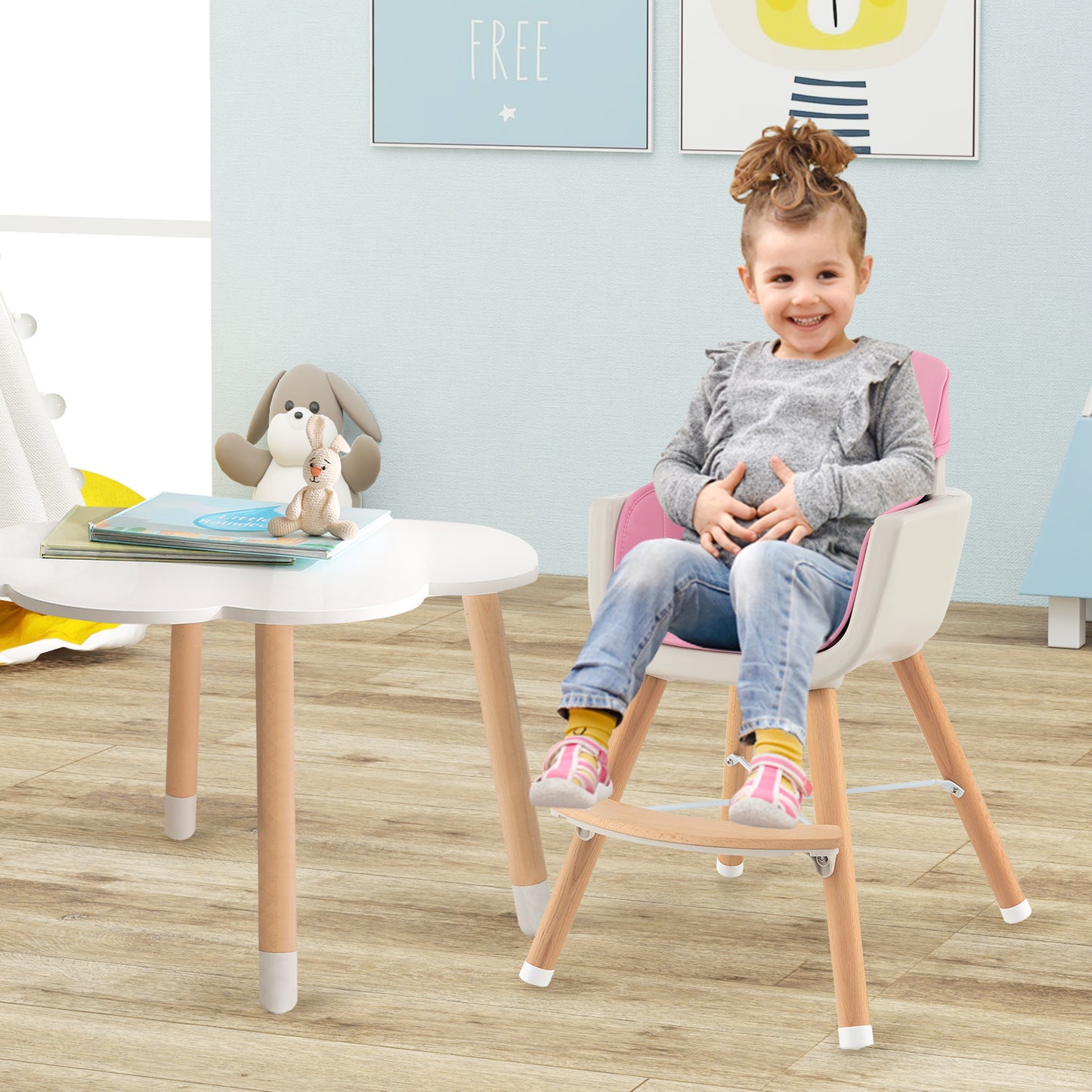 3-in-1 Convertible Wooden High Chair with Cushion-Pink Kids Crystal