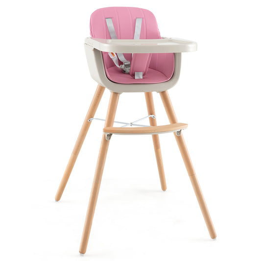 3-in-1 Convertible Wooden High Chair with Cushion-Pink Kids Crystal