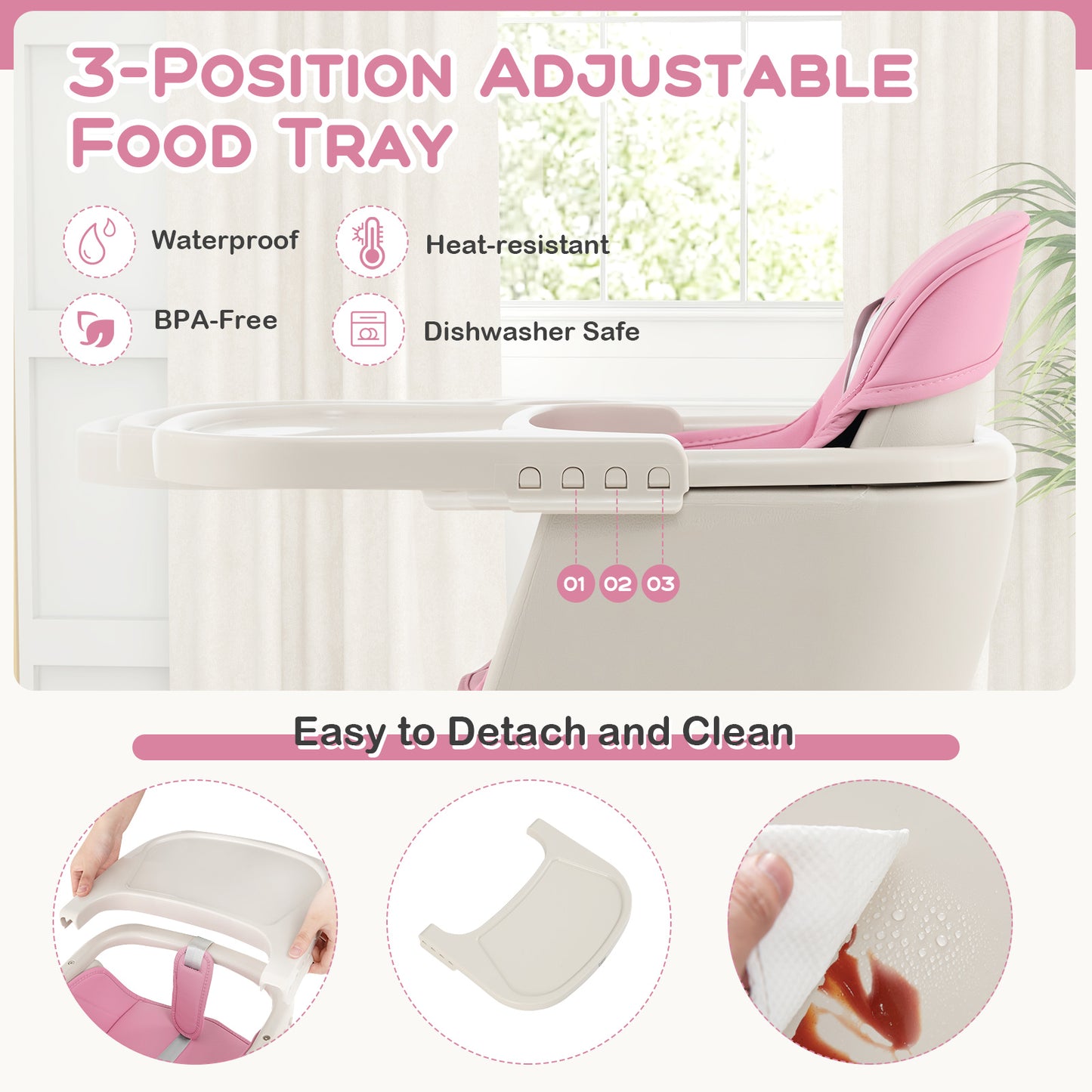 3-in-1 Convertible Wooden High Chair with Cushion-Pink Kids Crystal