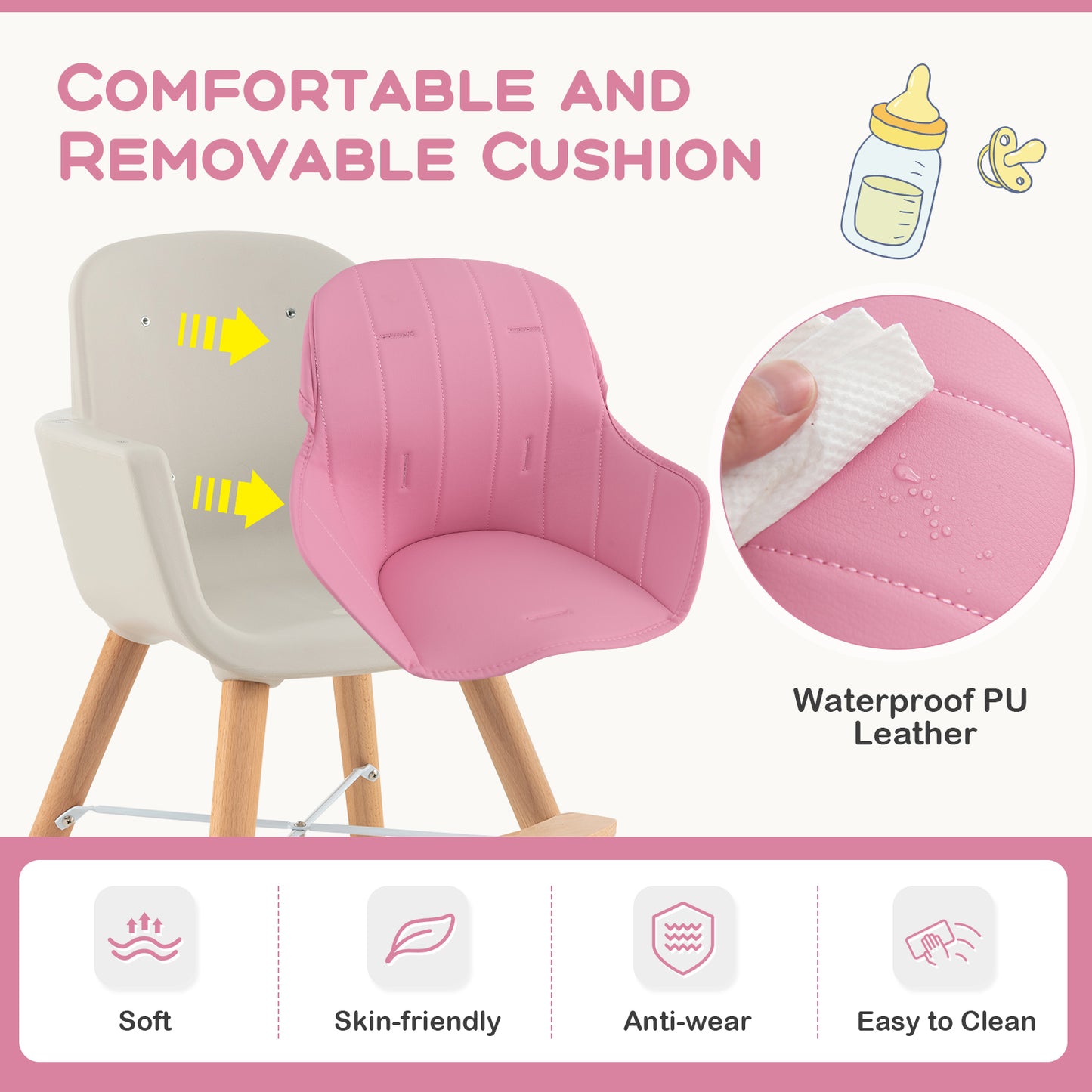 3-in-1 Convertible Wooden High Chair with Cushion-Pink Kids Crystal