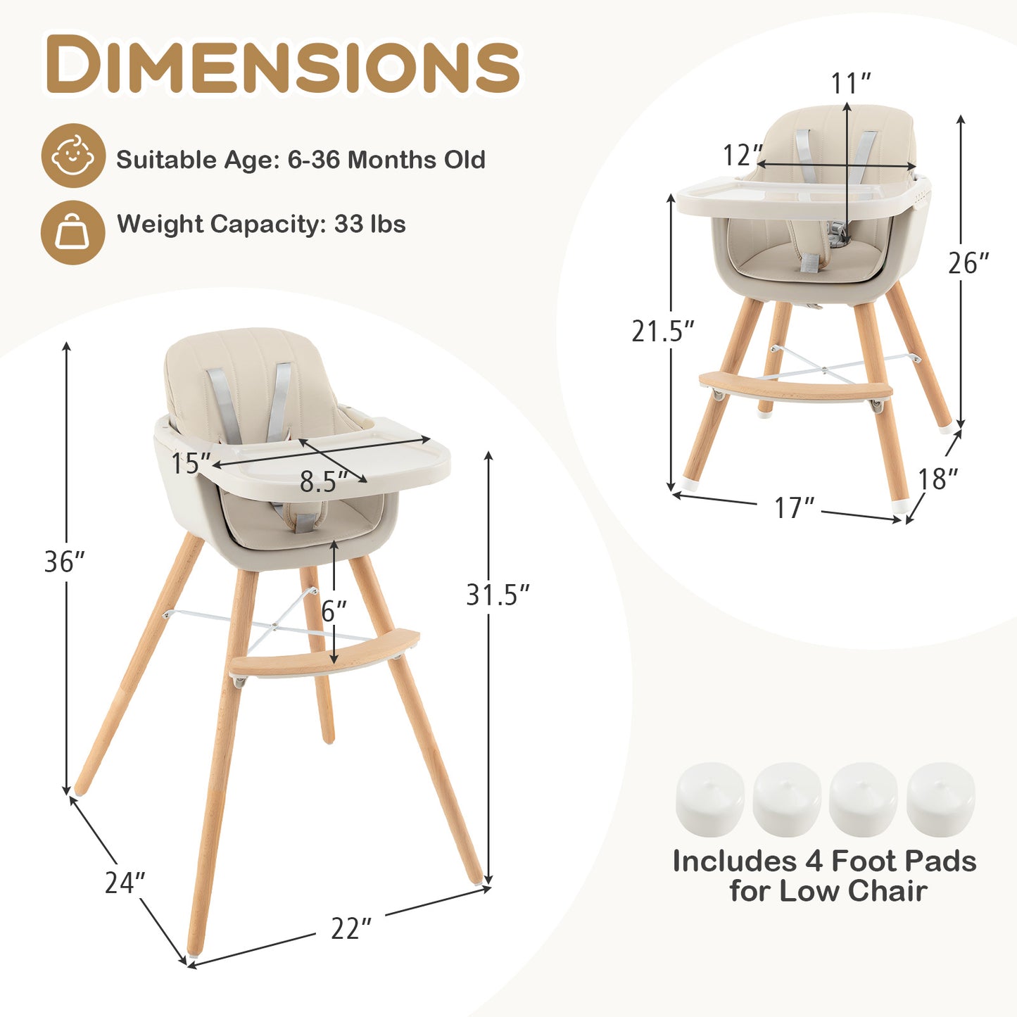 3-in-1 Convertible Wooden High Chair with Cushion-Beige Kids Crystal