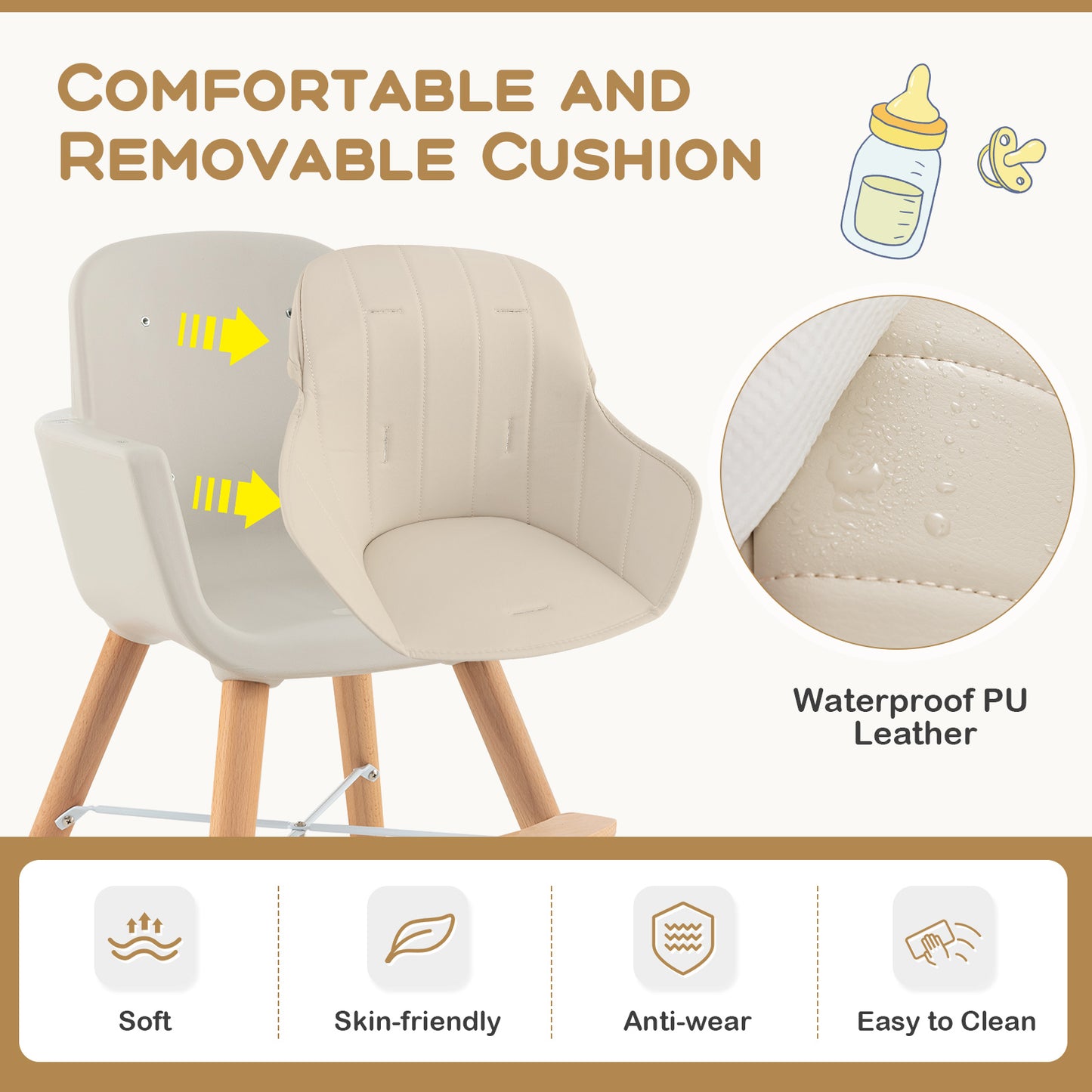 3-in-1 Convertible Wooden High Chair with Cushion-Beige Kids Crystal
