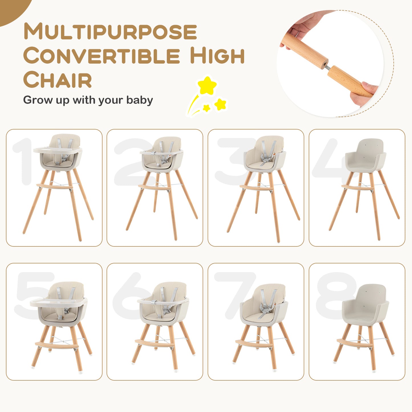 3-in-1 Convertible Wooden High Chair with Cushion-Beige Kids Crystal