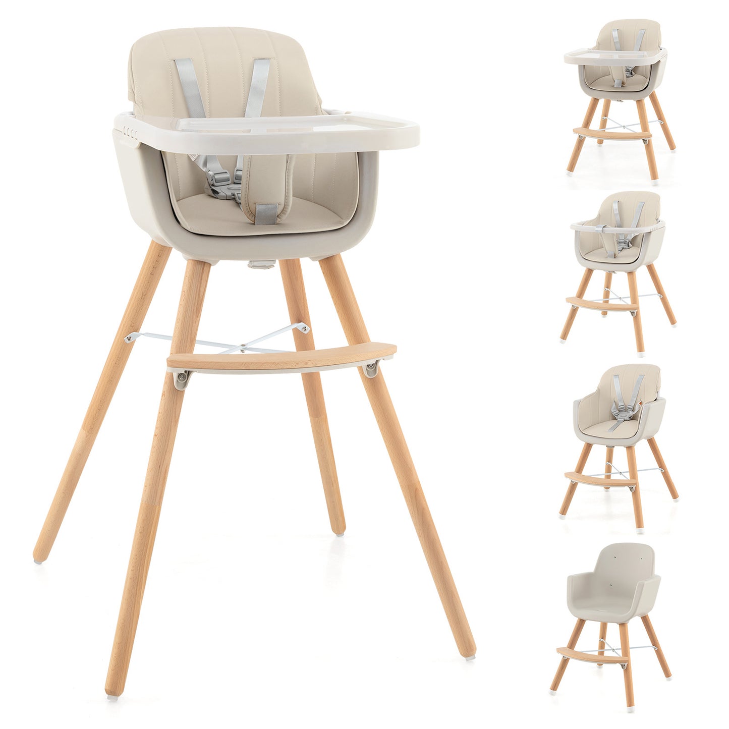 3-in-1 Convertible Wooden High Chair with Cushion-Beige Kids Crystal