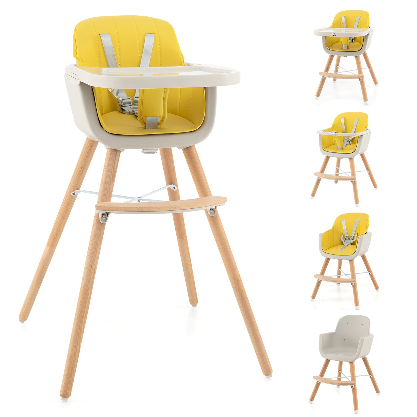 3-in-1 Convertible Wooden High Chair with Cushion-Yellow Kids Crystal