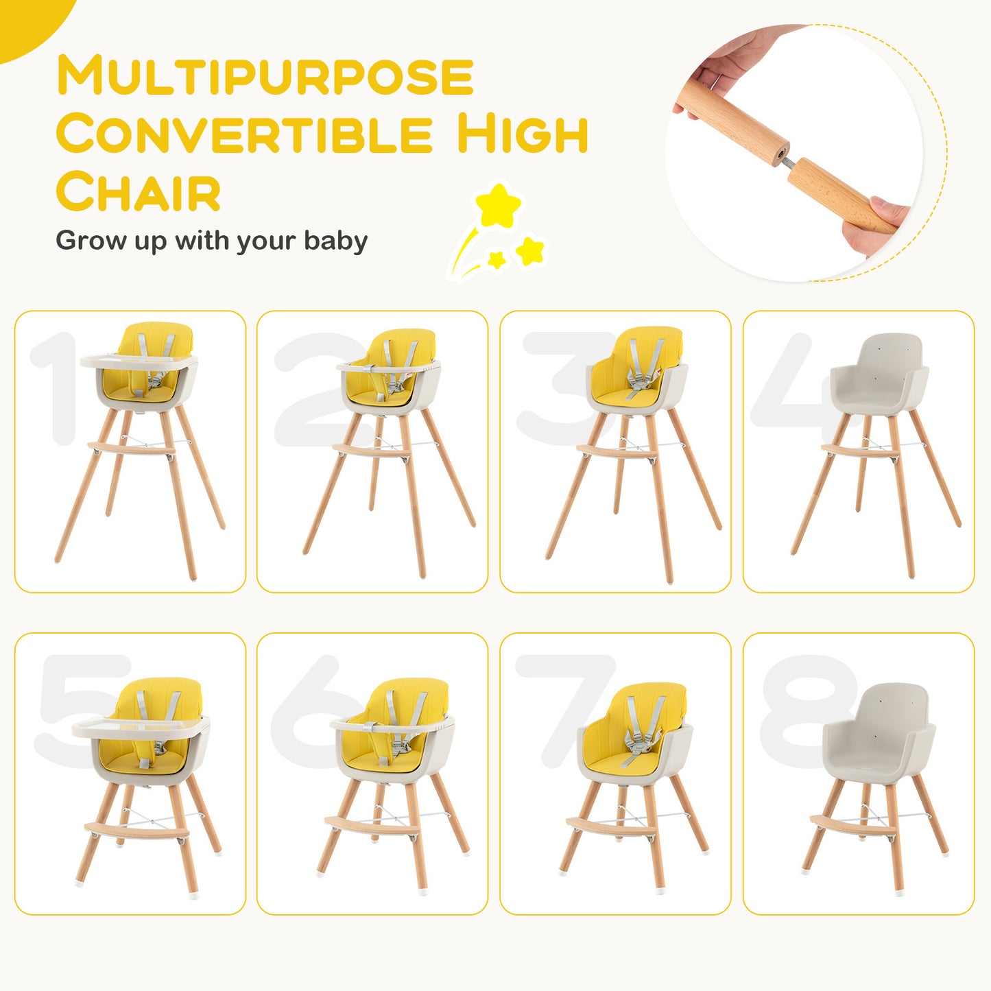 3-in-1 Convertible Wooden High Chair with Cushion-Yellow Kids Crystal