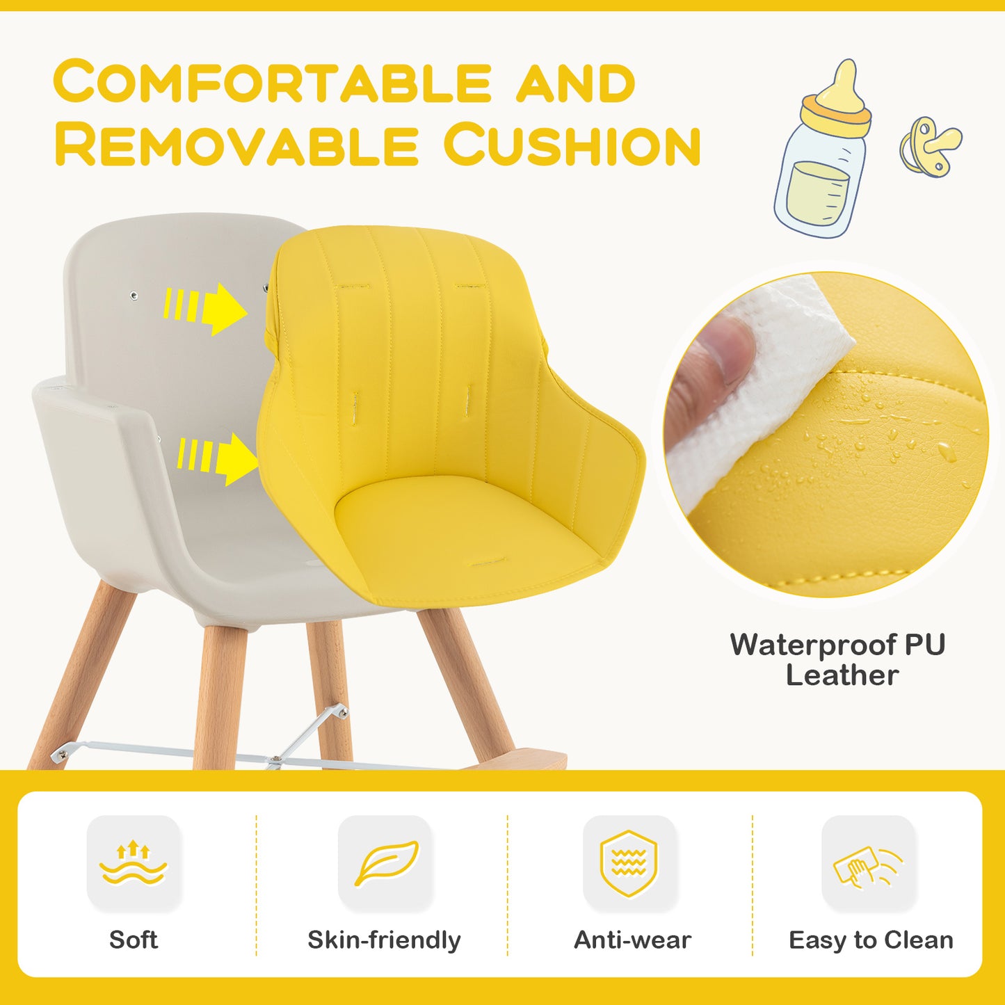 3-in-1 Convertible Wooden High Chair with Cushion-Yellow Kids Crystal