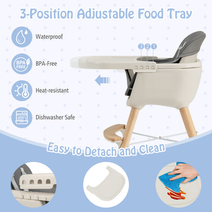 3-in-1 Convertible Wooden High Chair with Cushion-Light Gray