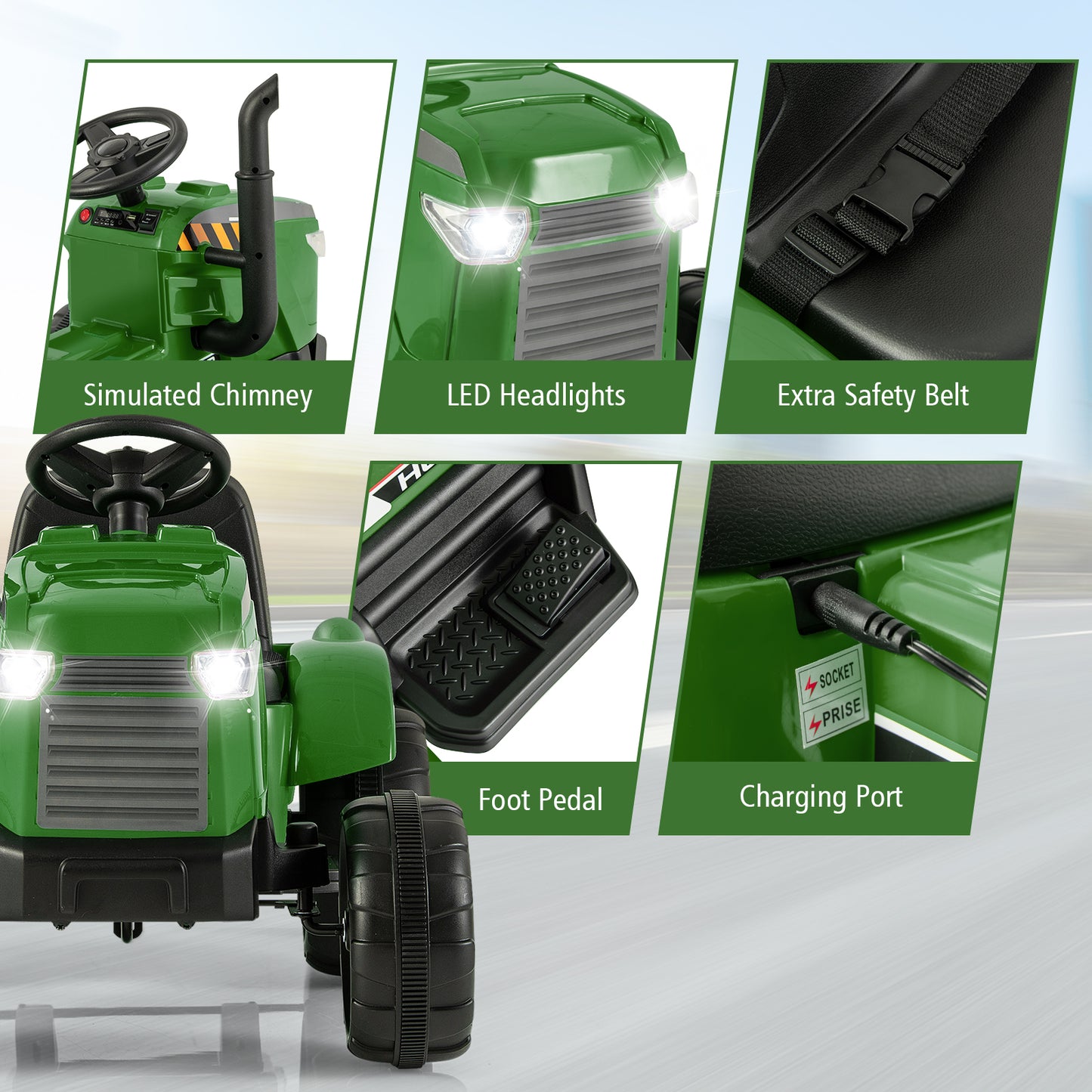 12V Kids Ride On Tractor with Trailer and Remote Control-Dark Green