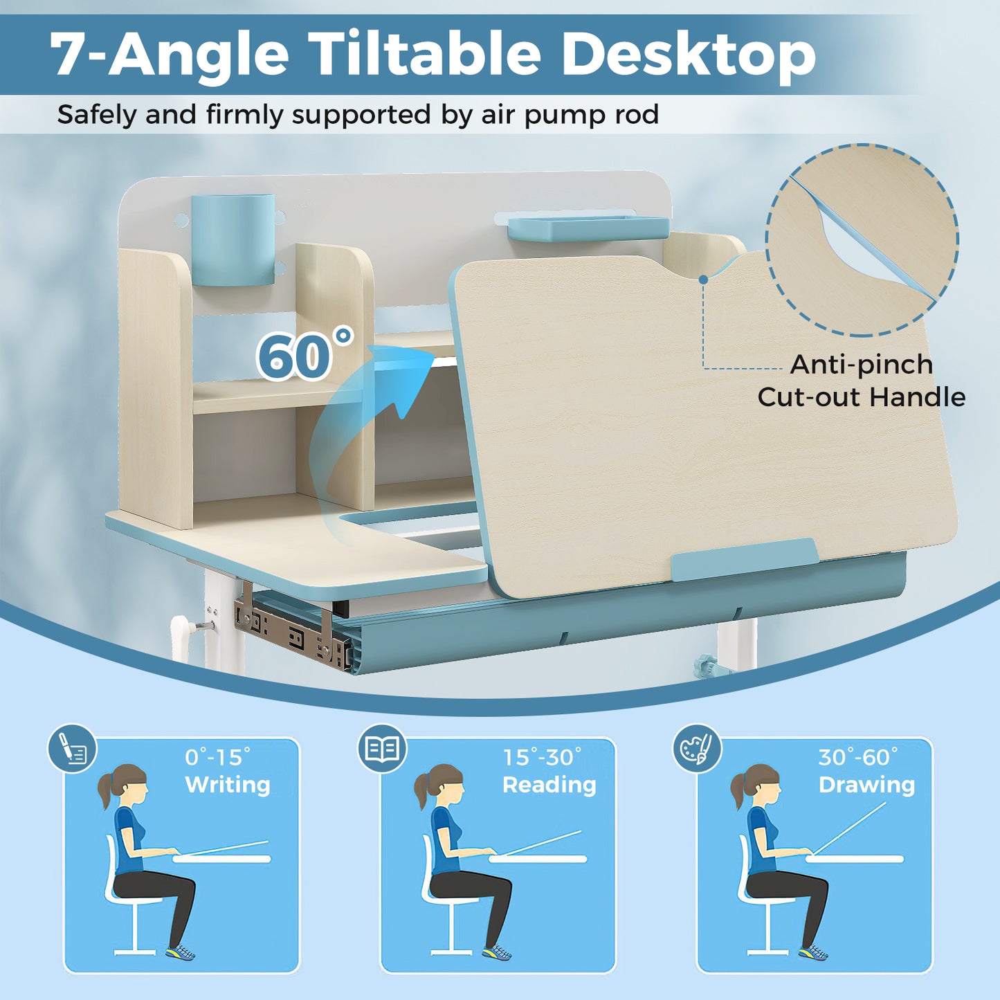 Height Adjustable Kids Study Desk with Tilt Desktop for 3-12 Years Old-Blue Kids Crystal