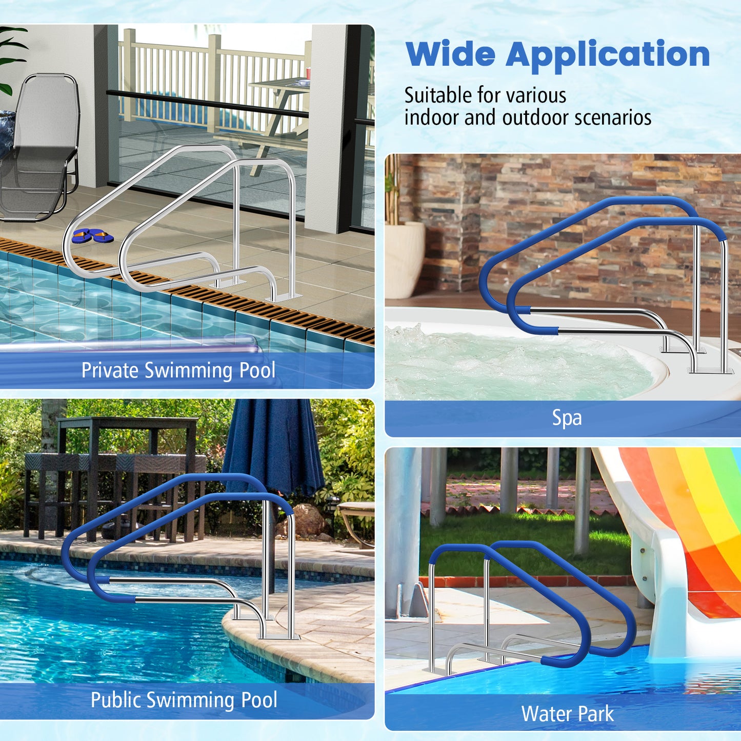 48 x 34 Inch Swimming Pool Handrail 316 Stainless Steel Pool Stair Rail with Grip Cover Kids Crystal