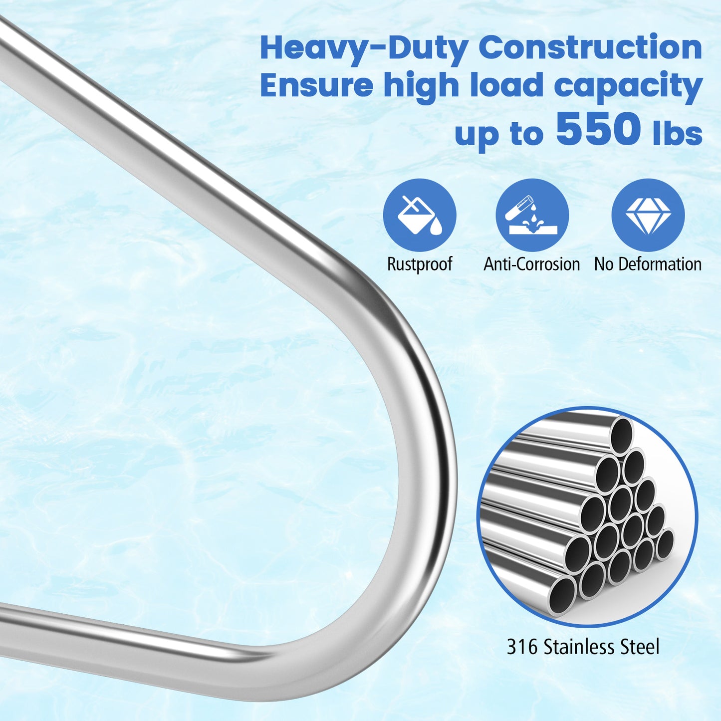 48 x 34 Inch Swimming Pool Handrail 316 Stainless Steel Pool Stair Rail with Grip Cover Kids Crystal