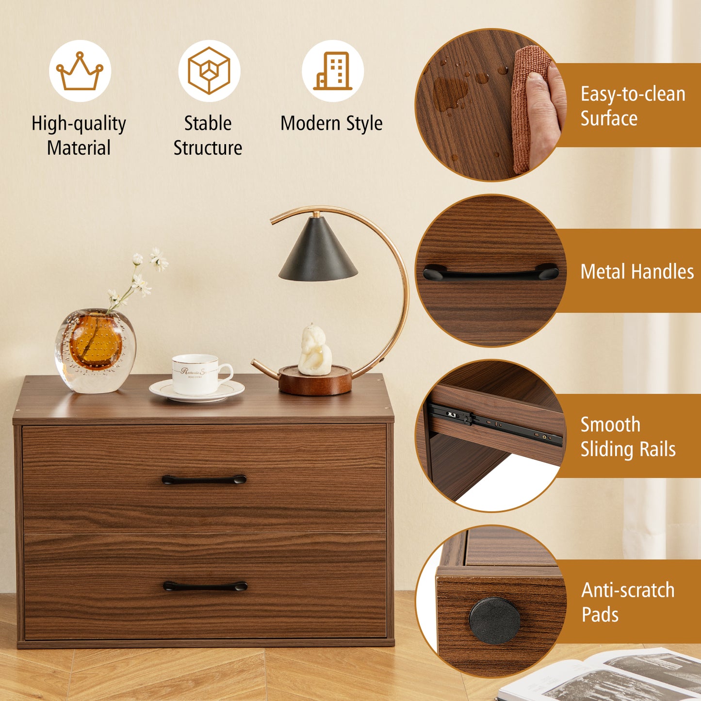 2-Drawer Stackable Horizontal Storage Cabinet Dresser Chest with Handles-Dark Brown Kids Crystal