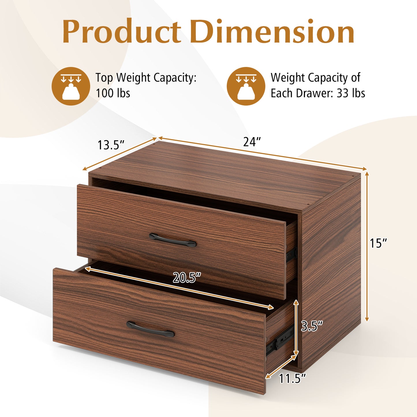 2-Drawer Stackable Horizontal Storage Cabinet Dresser Chest with Handles-Dark Brown Kids Crystal