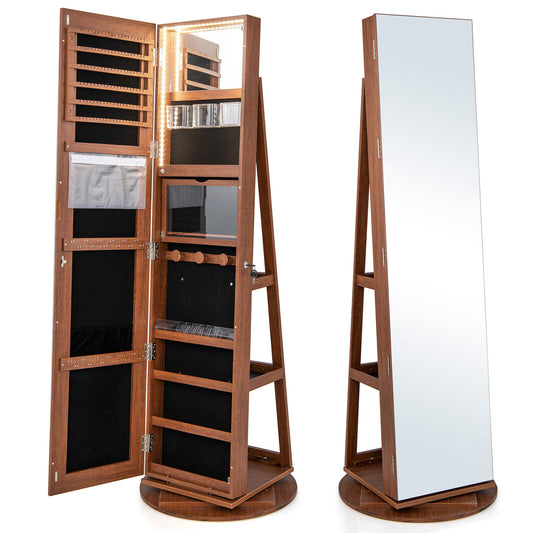 360° Rotating Mirrored Jewelry Cabinet Armoire 3 Color LED Modes Lockable-Dark Brown Kids Crystal